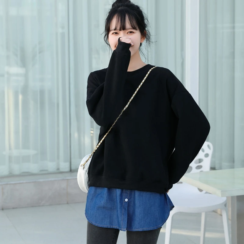 

Women Denim False Hem Layering Fake Top Lower Sweep Skirt Buttons Irregular A-Line Half Shirt Blouse Skirt Extenders