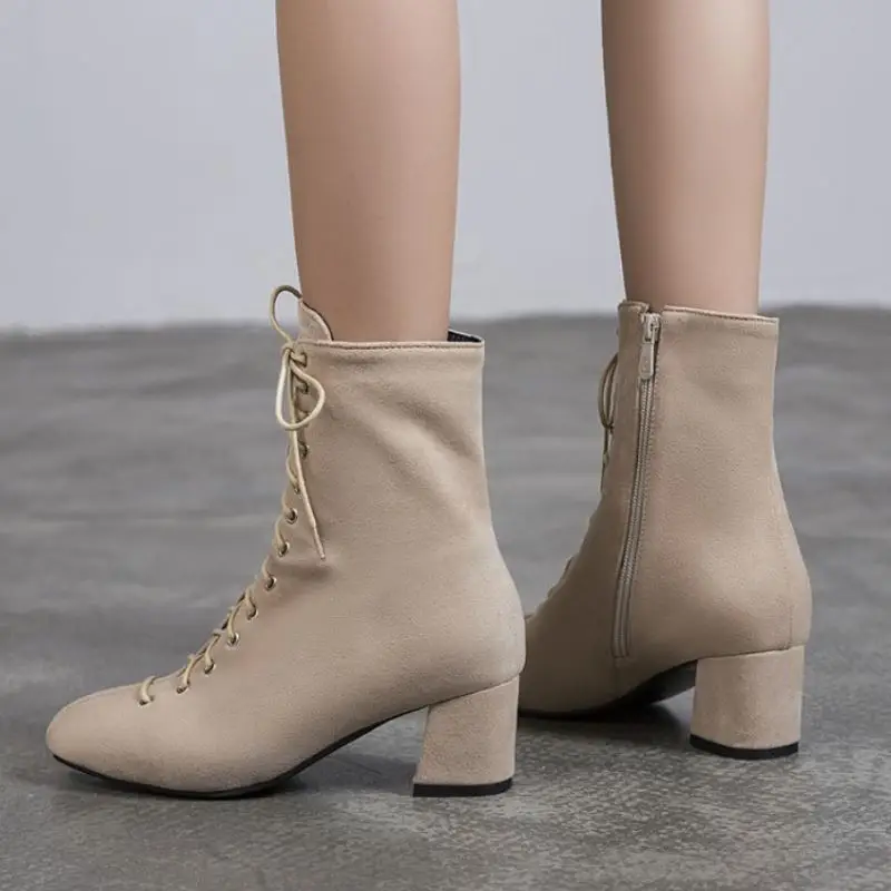 

RIZABINA Women Ankle Boots Flock Round Toe Low Heel Shoes Zipper Fashion Outdoor Elegant Shoes Footwear Size 34-45