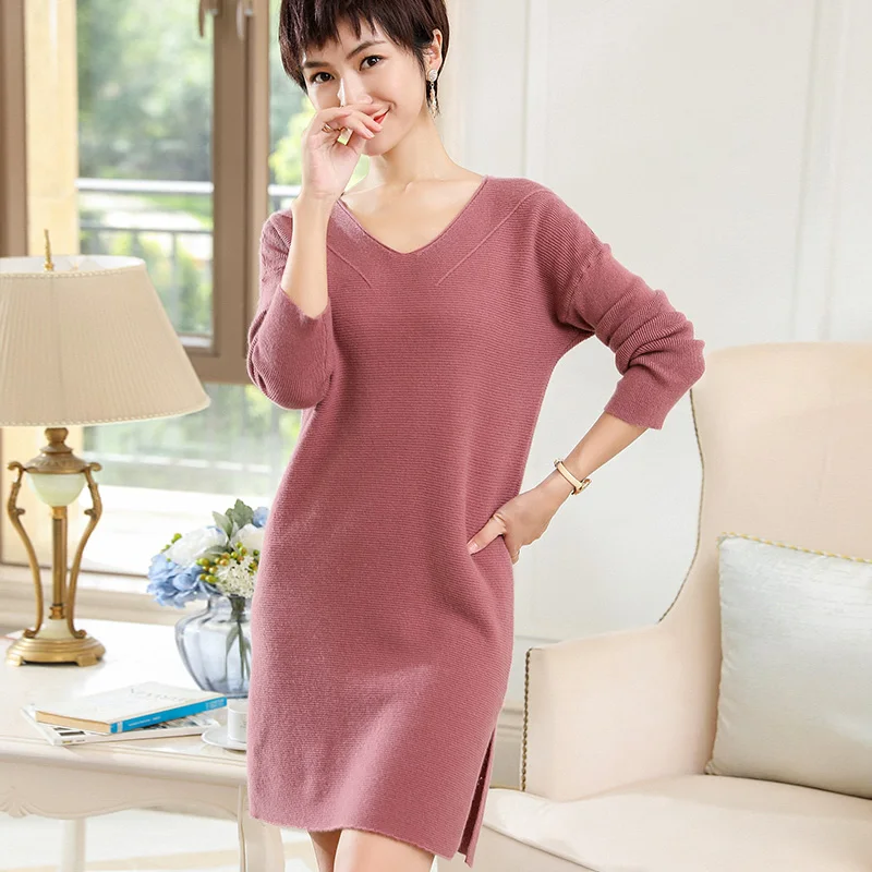 Женский кашемировый свитер средней длины ALKMENE Осенний вязаный с v-образным