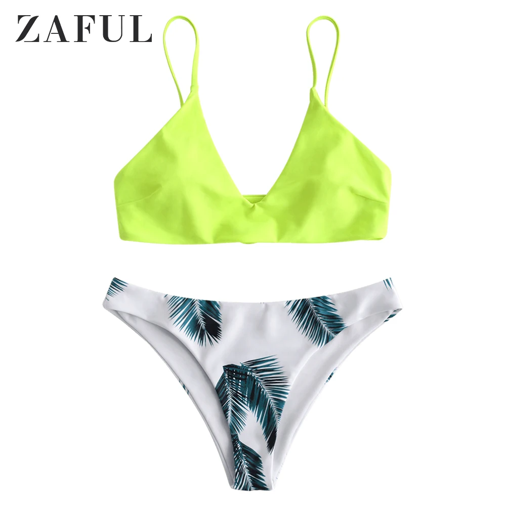 Green Yellow ZAFUL бюстгальтер с мягкими чашечками и листьями, комплект бикини, сексуальный бразильский комплект бикини, купальник для женщин, купальник, купальник с принтом в виде листьев - Цвет: Green Yellow