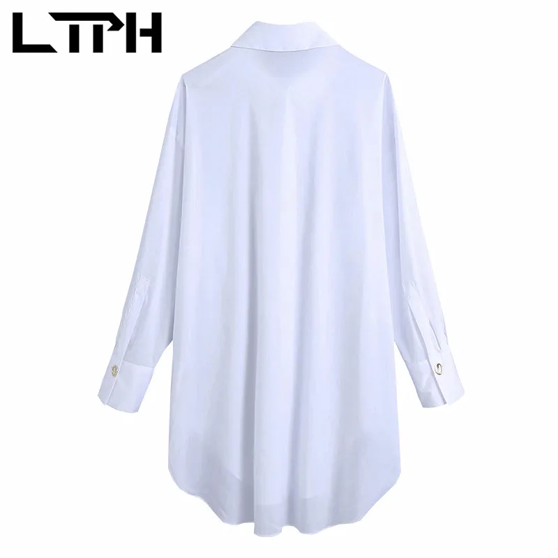 

LTPH Korean mid-length white shirt loose vintage women shirts long sleeve top casual boyfriend style blouses 2021 summer new