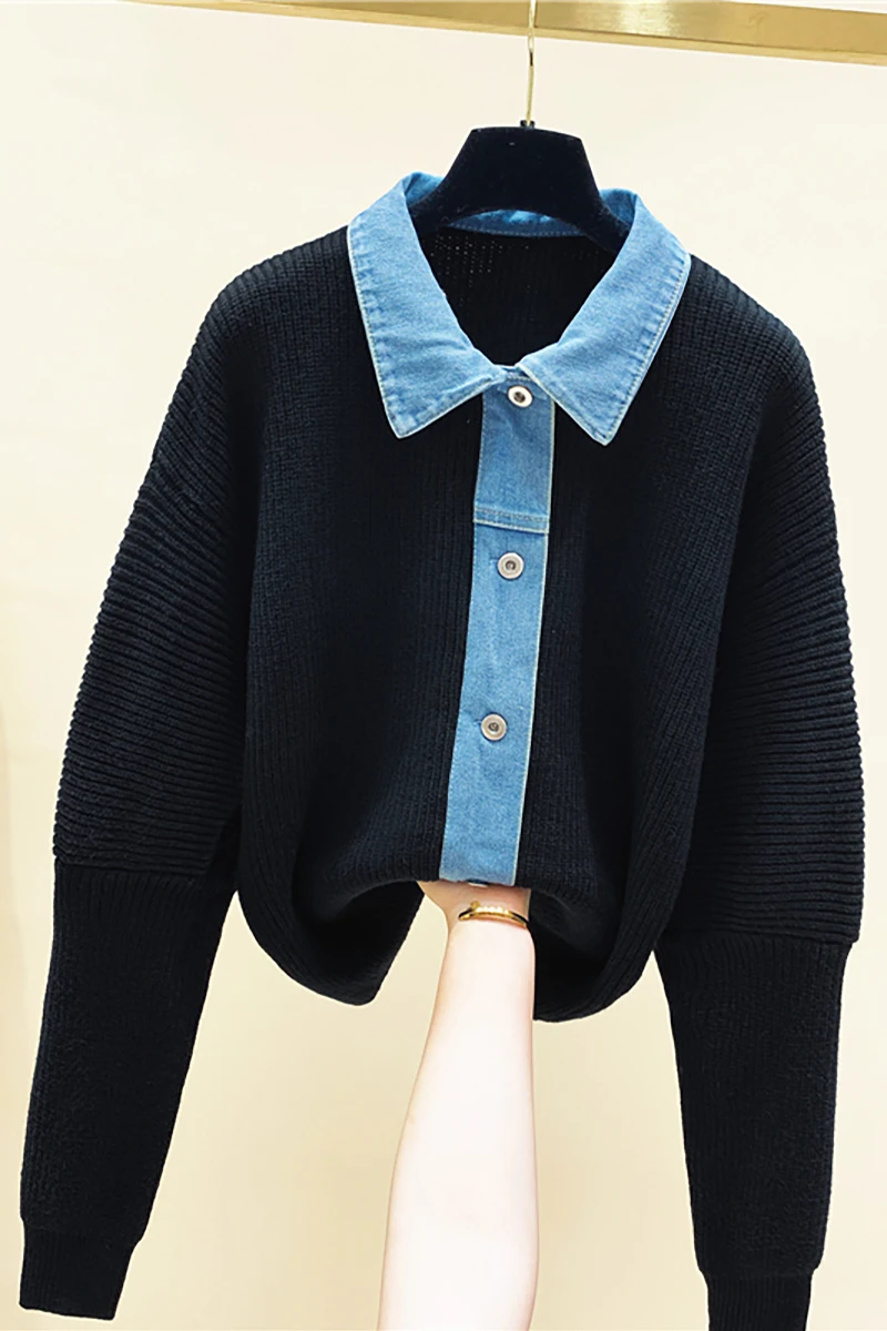 

Fall Winter 2020 New Loose Denim Patchwork Turn Down Collar Cardigan Sweater Women Slim Puff Leeve Top