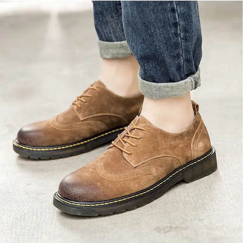 

Spring Autumn Bullock Causal Shoes Flats Oxfords Men Genuine Leather lace-up Thick Bottom Flat Platform work Shoes A53-48