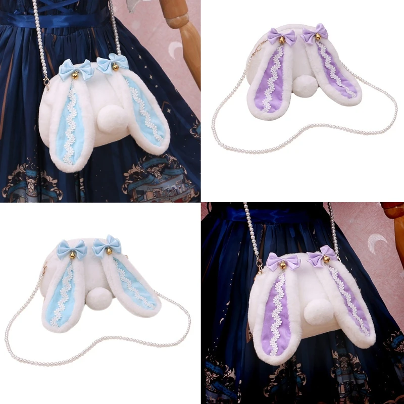 

Cute Plush Rabbit Lop Ears Satchel Crossbody Bag Toys Lolita Kawaii Bunny Tail Bow Bells Handbag Messenger Bag