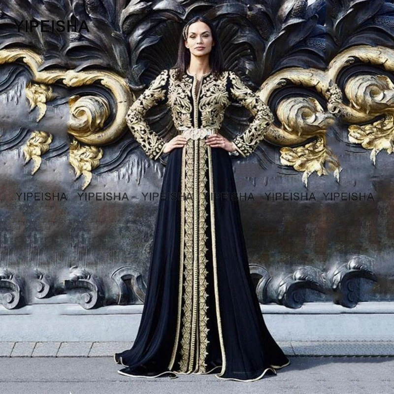 

Yipeisha Moroccan Caftan Evening Dress 2021 Gold Applique Formal Dress Arabic Muslim Long Sleeves Evening Party Gown Navy Blue