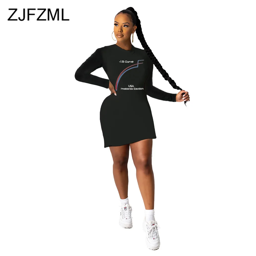 Striped Letter Print Autumn Party Club Dresses Women Round Neck Full Sleeve Bandage Dress Casual Black Plus Size Mini Robe Femme | Женская