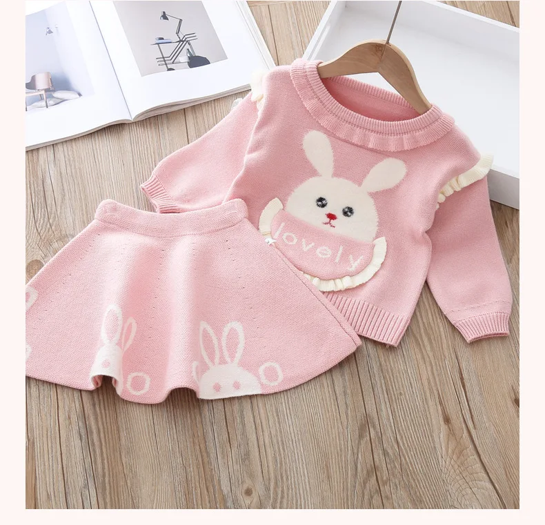 Baby girl clothes autumn and winter sweater dress two-piece cartoon cute rabbit warm knitted suit | Детская одежда и обувь