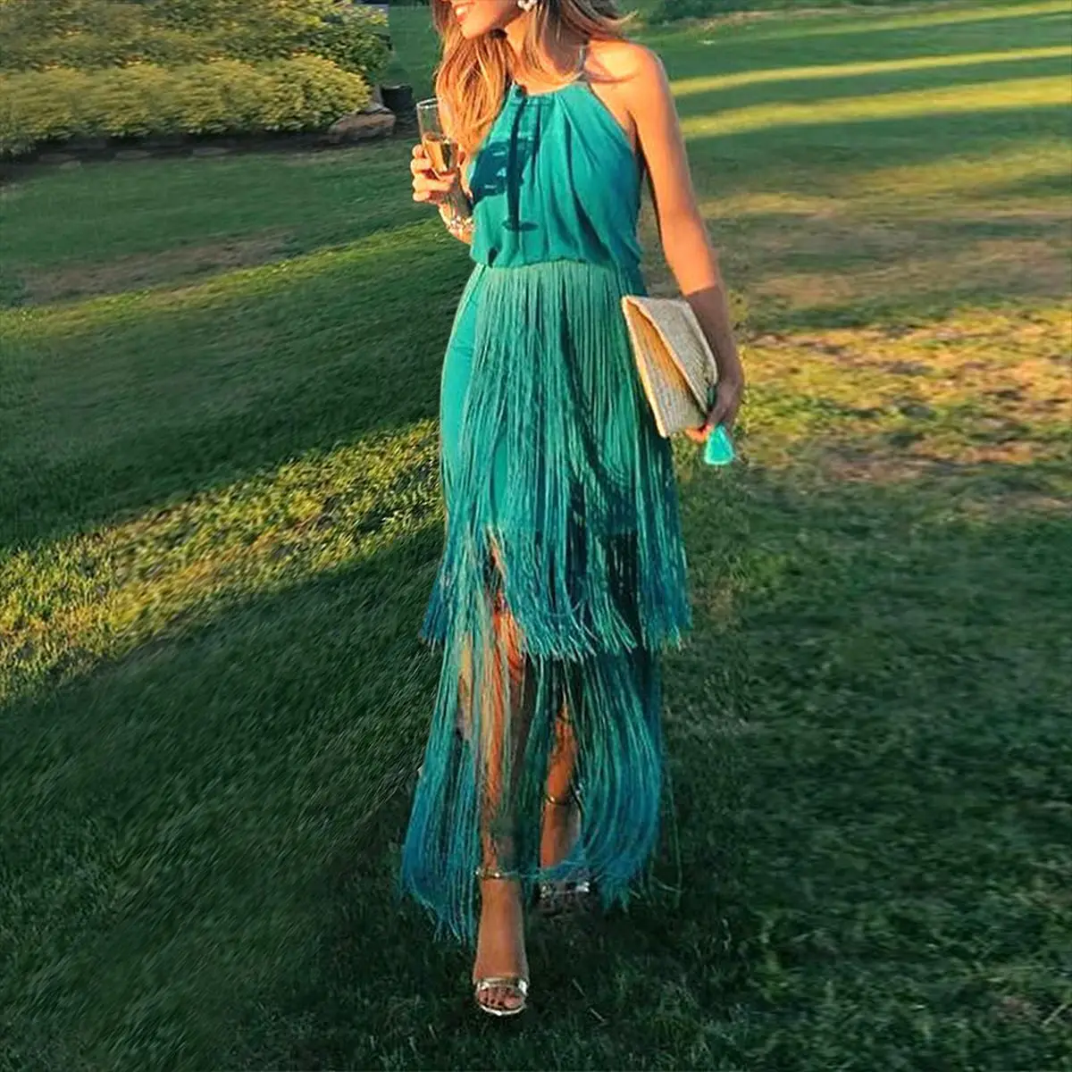 BGW Blue Halter Sleeveless Open Back Sexy Jersey Cocktail Dress With Tassel Sukienka Koktailowa