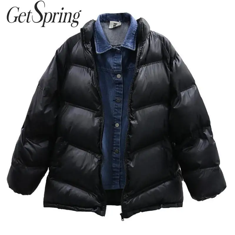 Getвесна Женская парка джинсовая пэтчворк имитация двух зимняя верхняя одежда