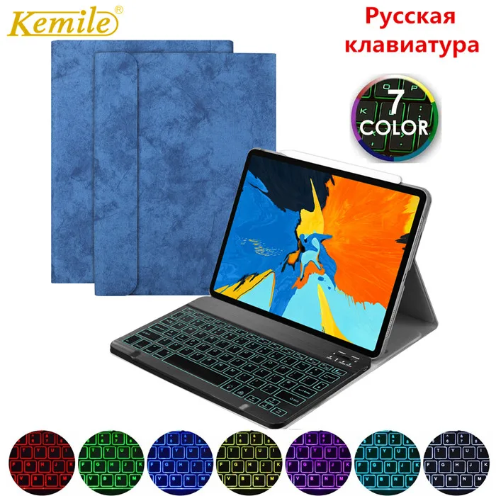 Русский Испанский 7 цветов с Подсветкой Bluetooth чехол для iPad Pro 11 Чехол Ультра Тонкий Стенд Funda для iPad Pro 11 чехол - Цвет: backlit-BLWK-RU
