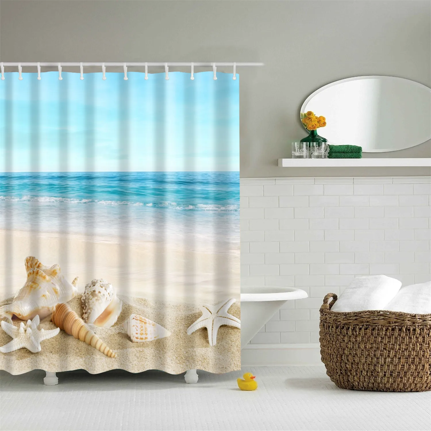 

Multiple sizes Beach scenery Seashell Beach Bath Curtain Large Waterproof Polyester Shower Curtain 3D Blackout Curtain Bathroom