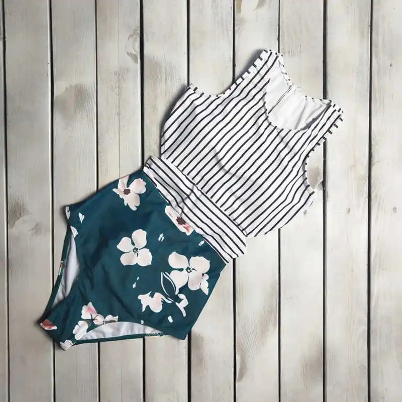 

2021 Summer Women One Pieces Back Hollow Out Floral Print Striped Swimsuit Beach Swimming Weat Biquini High Waist Skinny Bikini