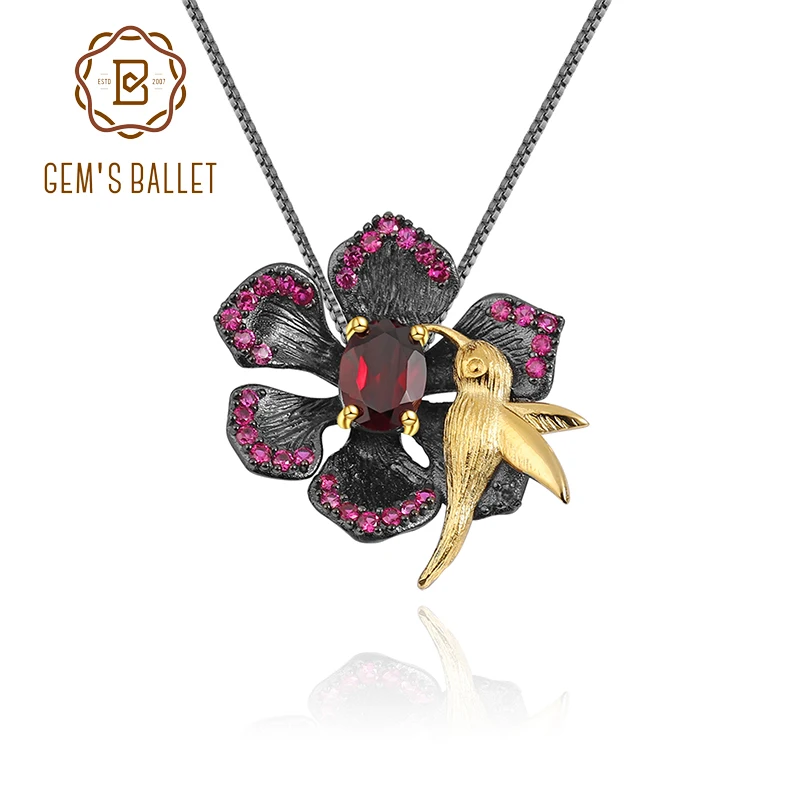 

GEM'S BALLET Natural Red Garnet Gemstone Secret Garden Necklace For Women Handmade 925 Sterling Silver Flower Bird Pendant