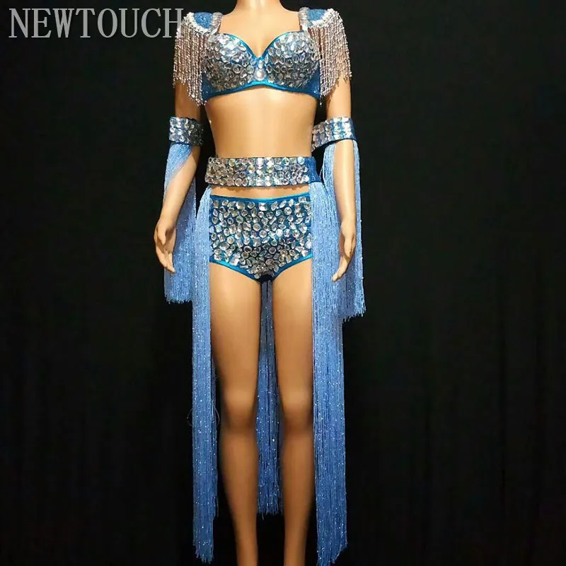 

Rhinestones tasselBlue Dress Sexy Nightclub Sleeveless Split Dancer Costume Stage Costumes For Singers Sexy Clothes DS Bodysuit
