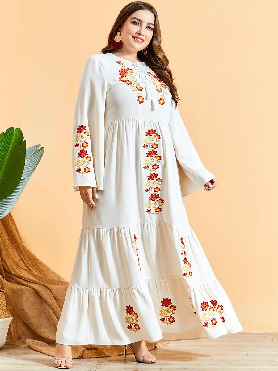 

Muslim Pleated Floral Abaya Embroidery Maxi Dress Bohemia African Dashiki Vestidos Kimono Long Robes Ramadan Eid Arab Islamic