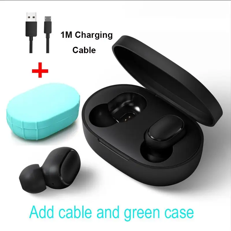 Cable and green case Xiaomi Redmi Airdots TWS Bluetooth стерео наушники с басами BT 5,0 Eeadphones с микрофоном, наушники с поддержкой AI - Цвет: Cable and green case