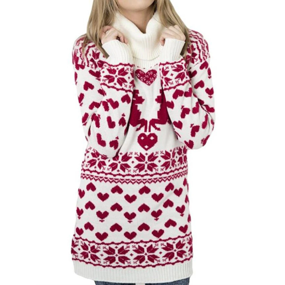 

Women Christmas Elk Love Printed Sweater Long Sleeve Casual Loose Knitted Pullover Jumper Knitwear Fashion Mini Dress Xmas Top