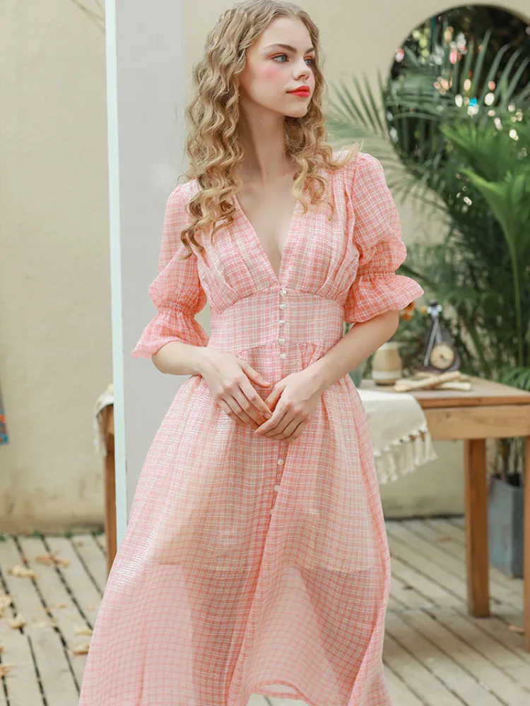 

Deep V-neck Dress with Palace Style French Niche Five-point Puff Sleeve High Waist A-line Medium Length Skirt