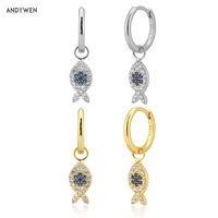 andywen 925 sterling silver 8 5mm fish pendant blue eye charm drop earring women fashion wedding jewelry piercing pendiente