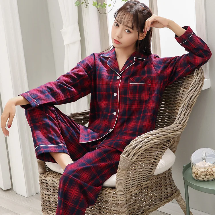 Autumn Winter New Pure Cotton Pajama Set Women's Long-sleeved Suit Plaid Stripes Print Pajamas