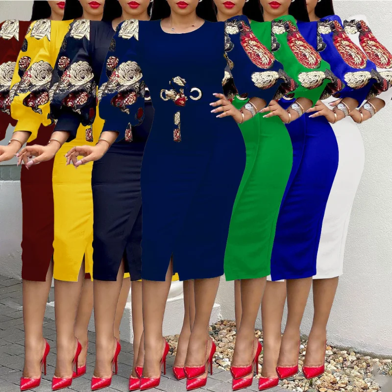 

Платье-футляр женское до середины икры, элегантный офисный сарафан на молнии, с цветочным принтом, с рукавом до локтя, с круглым вырезом, на л...