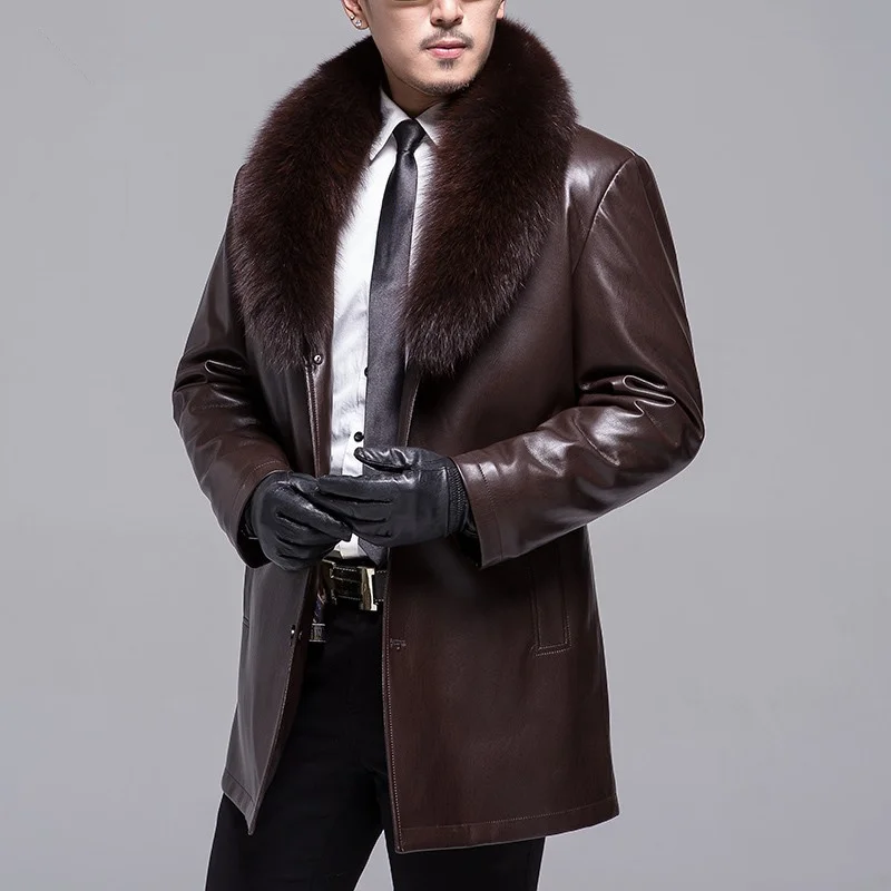 2021 Mens Jacket Middle Aged Male Fox Fur Collar Long Plush And Thick Overcoat Winter Sheepskin Keep Warm Coat Free Shipping | Мужская