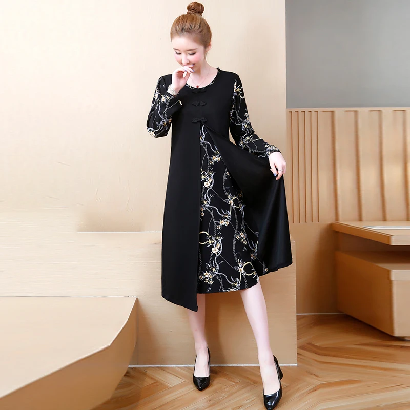 

2019 New Print Stitching Round Neck long sleeve large size women's clothing Big Size Elegant Women Ladies Stitching Dresses