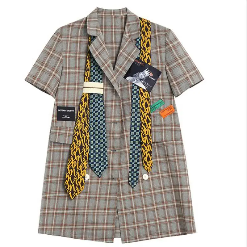 

Fashion Women Dress Patchwork Color Matching Vintage Plaid Dresses Women Short Sleeve Loose Fashion Blazer Dresses 2021