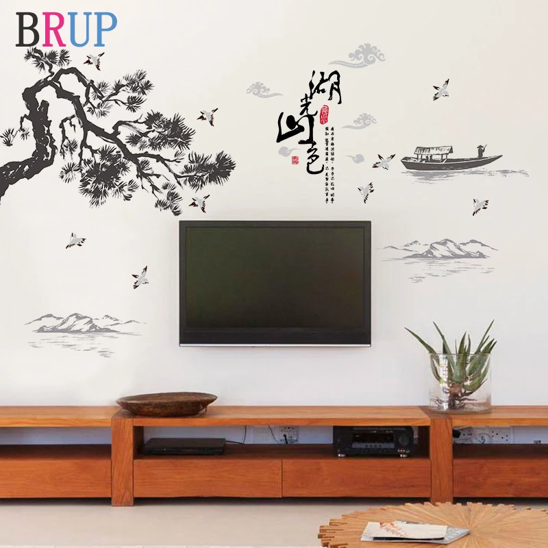 Настенные стикеры в китайском стиле с пейзажами для ТВ дерева лодки птиц