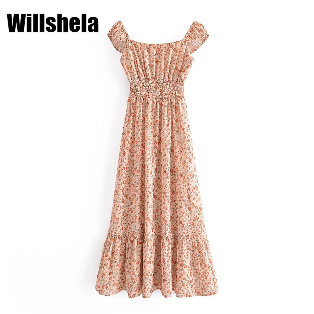 

Willshela Women Vintage Floral Printed Dress Wide Straps Square Neckline Smocked Waist Chic Lady Woman Casual Midi Long Dress