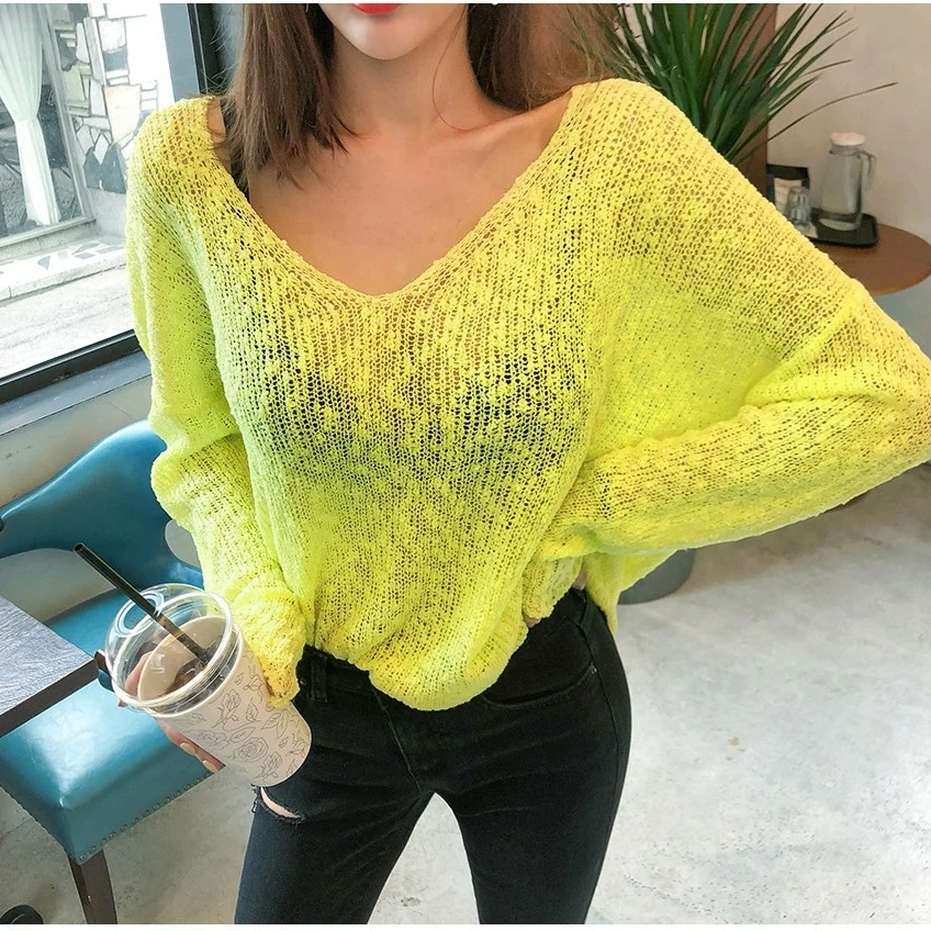 

2019 Осень Новый v-образным вырезом Повседневный свободный тонкий полый перспективный солнцезащитный крем рубашки длинный пуловер, свитер дл...