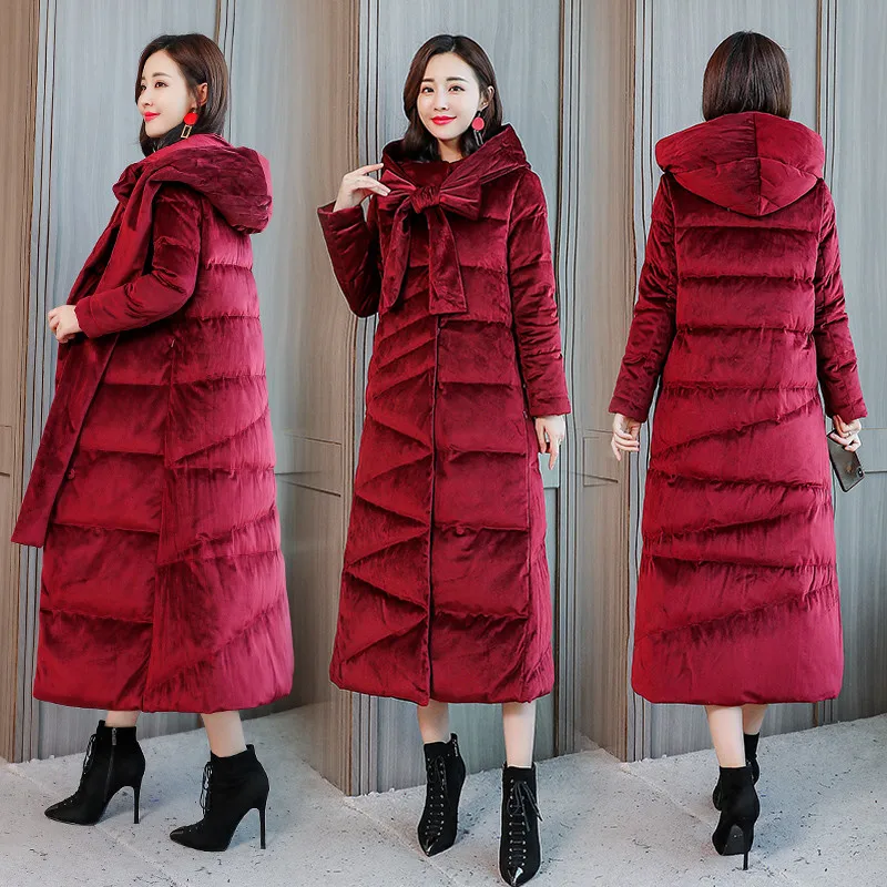 

Зимняя женская верхняя одежда 2019 Новинка средней длины Золотой Бархат утепленная женская хлопковая куртка с капюшоном с темной пряжкой кач...