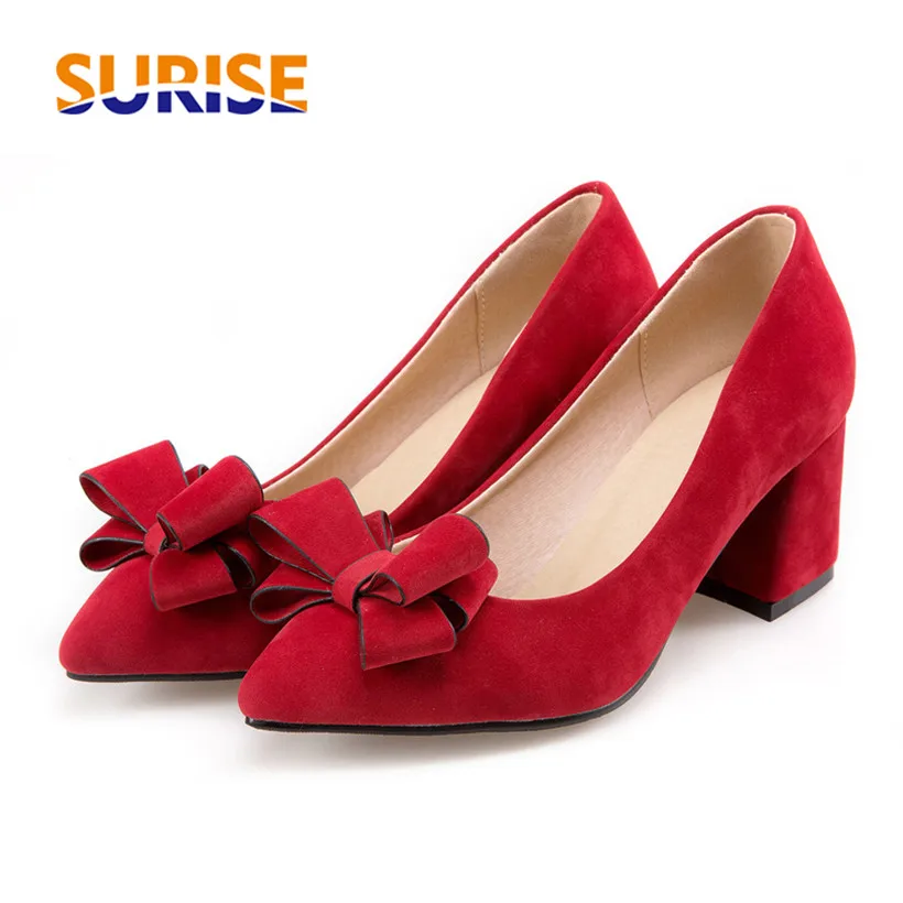 Туфли-лодочки женские с бантом флоковые на высоком блочном каблуке 6 см