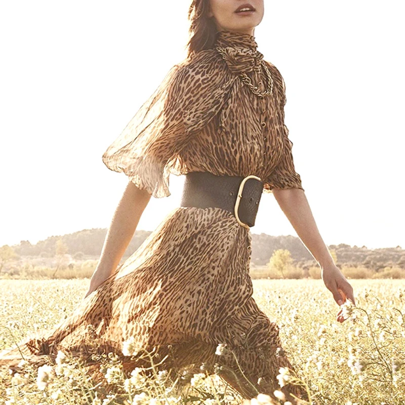 Леопардовое Платье женское винтажное подставка с воротником осеннее платье 2019