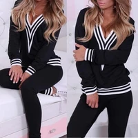 40hot 2 piecesset womens casual striped hem v neck sweatshirt pants cotton sportswear ladies gym suit