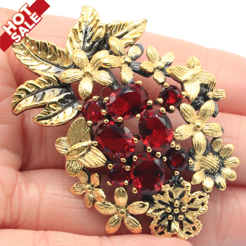 

57x39mm Neo-Gothic Vintage Flowers Shape 19g Created Red Blood Ruby For Women Black Gold Silver Pendant Bohemia Design