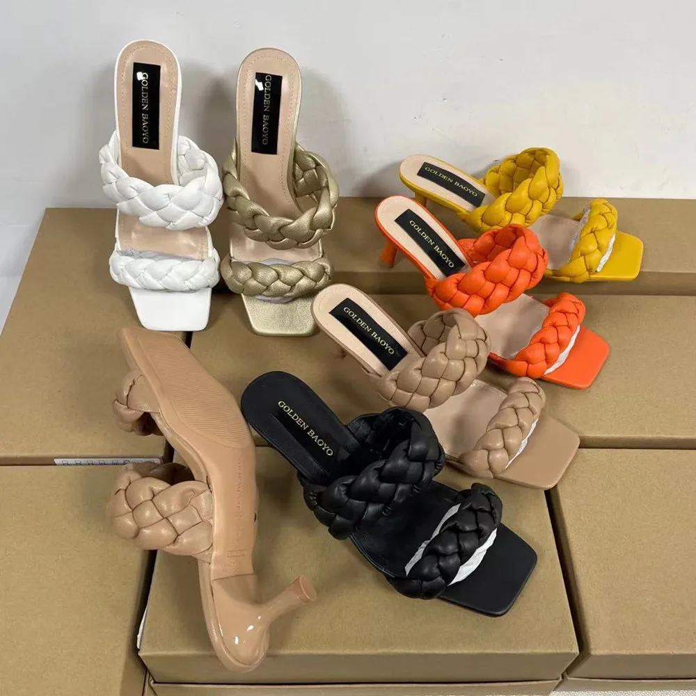 

Hemp Rope New Stiletto Heel Square Toe High Heels Slippers European and American Fashion Style Comfortable Hollow Home Shoes