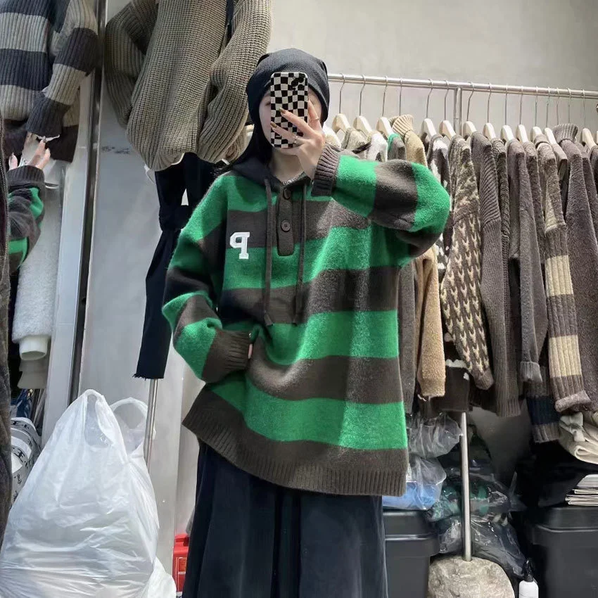 

Hooded Button Stripe Embroidered Letters Loose Lazy Sweater Women Wear Medium Length Casual Sweater Autumn Winter