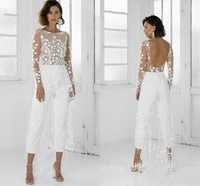 white jumpsuit beach wedding dresses jewel neck long sleeve backless ankle length bridal outfit lace summer wedding gowns