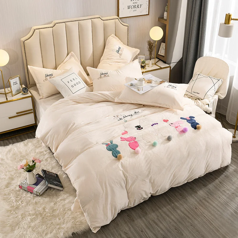 Милый мультфильм кролик вышивка белый фиолетовый розовый серый зима фланель