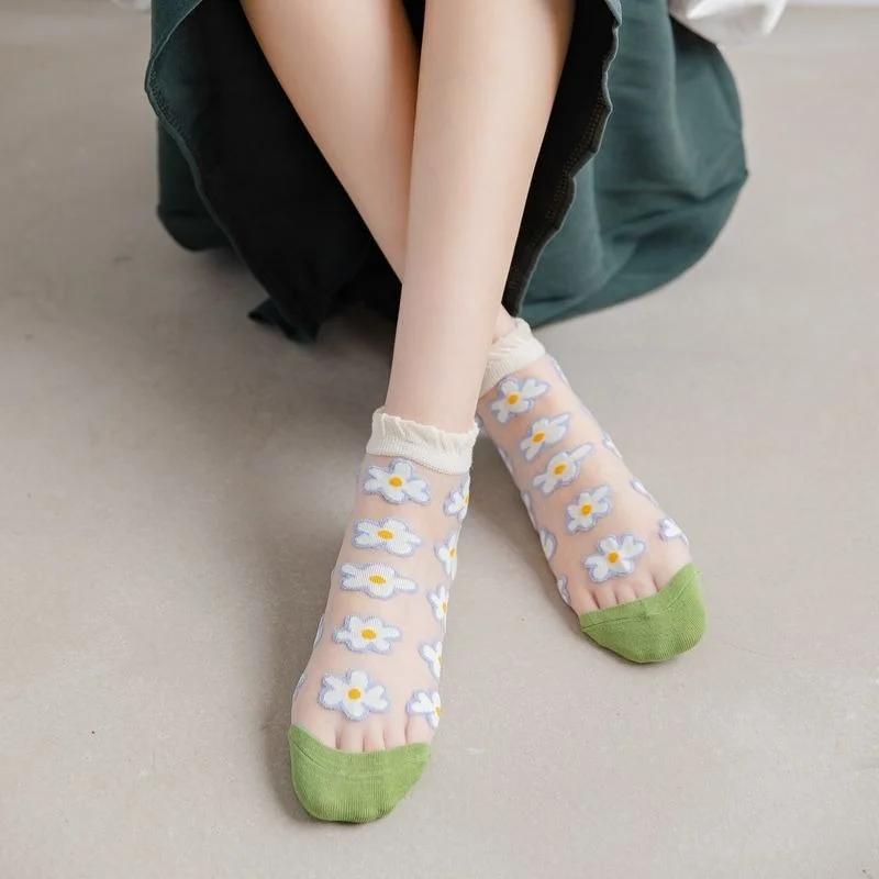 

Summer Ultra-thin Women Mesh Lace Flower Short Socks Transparenrt Crystal Silk Socks Breathable Girls Sweet Cute Ankle Socks