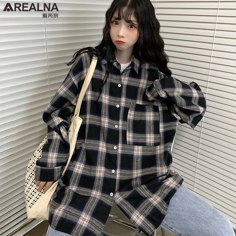 

Блузка женская оверсайз с рукавом «летучая мышь», клетчатая рубашка в ретро стиле Харадзюку с начесом, на пуговицах, школьная блузка с отлож...