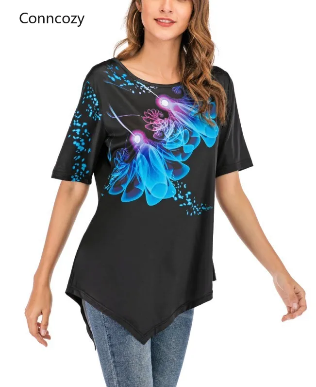 Винтажные черные фиолетовые футболки с цветочным принтом повседневные летние