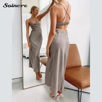 csual satin dress women 2021 sexy open back sleeveless hollow long dresses summer fashion new solid color elegant party clubwear