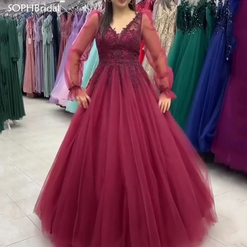 

New Arrival Elegant V-neck Tulle Evening Dresses Robe de Soriee Formal Party Gowns Prom Dress Vestidos de Fiesta Robe de bal