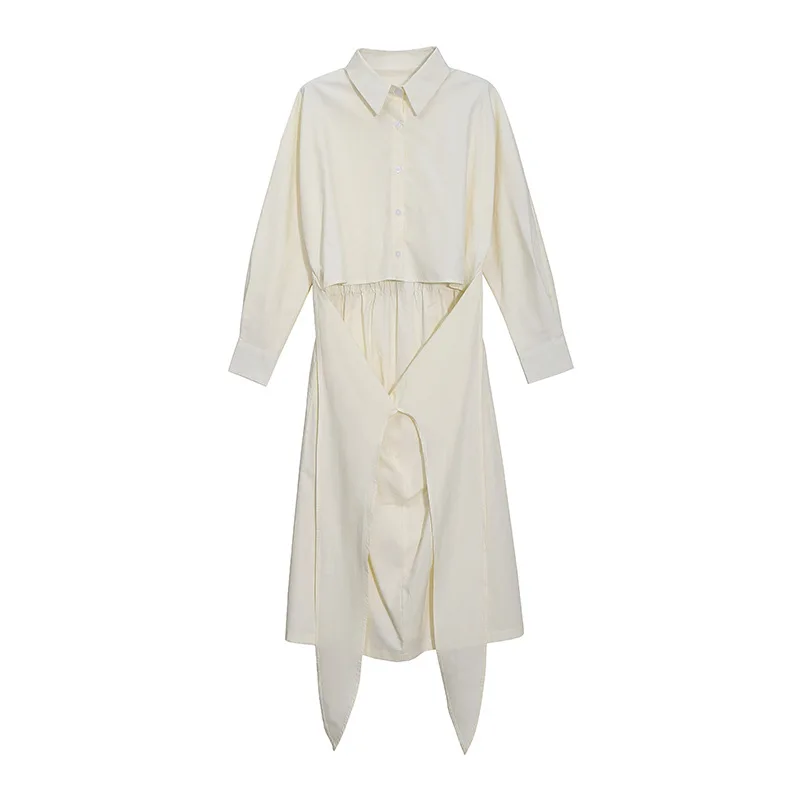 

SuperAen 2021 Осень Новые однотонные простые белые модные тонкие прямые повседневные платья с отложным воротником для женщин