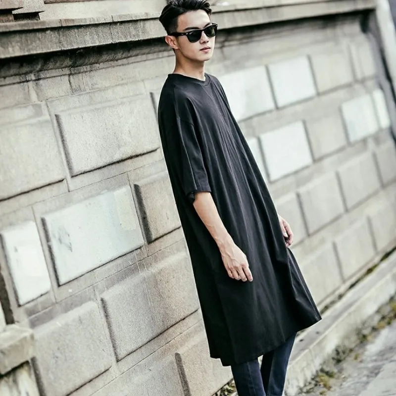 Летняя Повседневная Длинная Мужская футболка с коротким рукавом и круглым