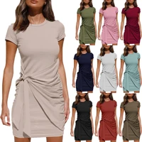 2022 spring and summer new european and american womens knitted short sleeved solid color round neck dress women