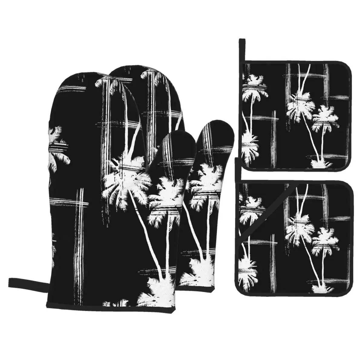 

4 Pieces Oven Gloves Mitts Tropical Depicting Black Palm Tree Kitchen Gloves Tray Dish Bowl Holder Baking Insulation Hand Clip