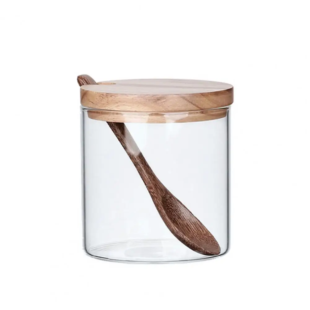 

Kitchen Household Salt Sugar Seasoning Box Wooden Cover Glass Spice Storage Box Cooking Tool